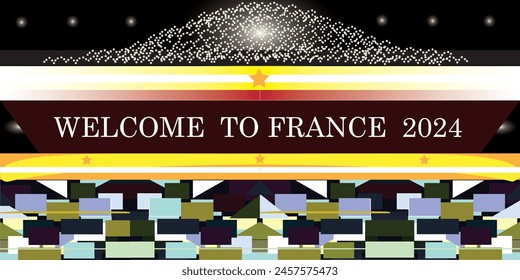 Enroute France 2024 banner poster illustration design for multi purpose usage with colorful city at night when big sport competition event take place in France at summer season. Welcome to France 2024