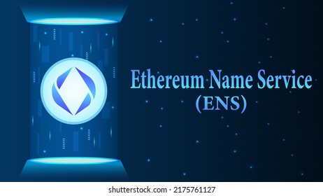 ENS, Ethereum Name Service concept illustration. ENS logo in podium with hologram effect concept for banner, website, landing page, ads.