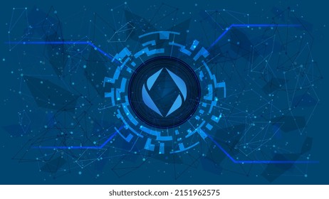 ENS Ethereum Name Service token symbol in digital circle with futuristic cryptocurrency theme on blue background. Cryptocurrency coin icon for banner or news. Vector illustration.