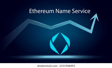 ENS Ethereum Name Service in uptrend and price is rising. Crypto coin symbol and up arrow. Decentralized names for wallets, domains and more. Vector illustration.