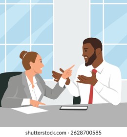 Discussão intensa se desenrola entre dois colegas de trabalho durante uma reunião Ilustração de vetor plana isolada no fundo branco