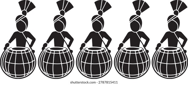 Ensemble of drummers playing traditional dhol instruments. Vibrant cultural performance capturing festive rhythms and folk music energy. India, Punjab, Bhangra.