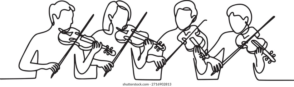 Conjunto de cuatro intérpretes, incluidos hombres y mujeres, que tocan instrumentos de cuerda, violines y arcos juntos, concepto de música de cámara, estilo de dibujo de línea continua