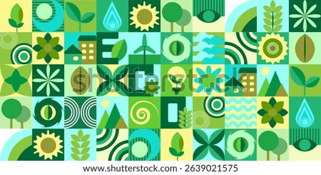Ensemble of Geometric Forms of natural Bauhaus, concept of ecology, environmental protection, green waste and zero. Banner, poster, abstract background, pattern in modern geometric, Swiss style,Vector