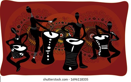 Ensemble group of four people, playing music, ethnic, barbans, africa, bandages, patterns, mandala, arabesque, red, original, stylish, shamanic, graphics, horizontal, people, playing musical instrumen