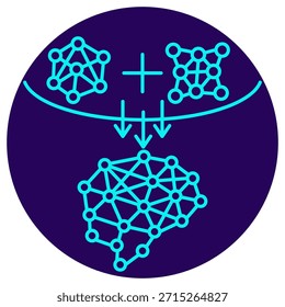 Ensemble Learning-Symbol. Minimalistische Neonkontur auf dunkelblauem, rundem Hintergrund. Eine stilvolle Vektorgrafik, die zwei verschiedene neuronale Netzwerkstrukturen zeigt, die kombiniert werden (Pluszeichen), um ein größeres, leistungsfähigeres Modell zu bilden, das die Modellfusion, integrierte Intelligenz und verteilte KI-Systeme symbolisiert