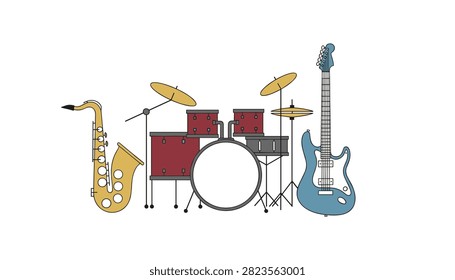 Ensemble of musical instruments including a saxophone, a complete drum kit, and an electric guitar arranged for a live band performance.