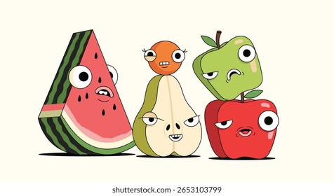 Ensemble of Playful Fruit Characters with Googly Eyes and Expressive Faces Arranged Together