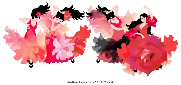 The ensemble of Spanish dance. Four beautiful black-haired girls in red dresses dancing flamenco. Luxury composition on a white background.