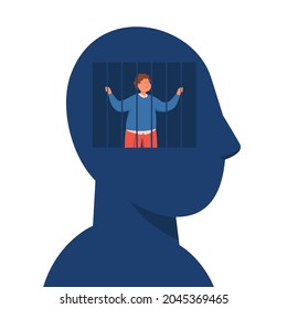 Enslaved business man with lack of creative freedom of thought. Powerless person in mind or brain prison flat vector illustration. Slavery, depression, censorship, communism concept for banner