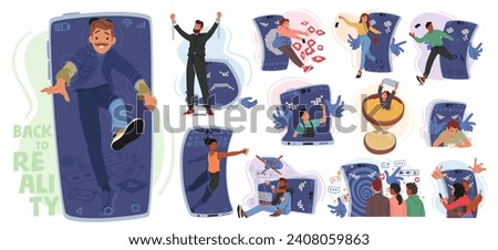 Enslaved By Screens, Characters With Cellphone Addiction Are Lost In A Virtual World, Oblivious To Reality. Addicted People Navigate Life Through A Digital Lens. Cartoon Vector Illustration, Set