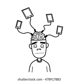Enslaved by Technology. A hand drawn vector doodle illustration of a guy who's addicted and enslaved by his own smartphones and tablet.