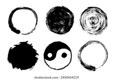 Enso black circle, yang yin symbol, vector grunge round shape. Hand drawn taoism icon