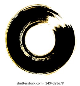 Enso Symbol Vector Design. Brush Stroke Circle. Black and Gold Round Brush Paint Circle. Original Logo, Emblem Design. Zen Enso Meditative Sign. Abstract Background. Chinese, Japanese Style Image