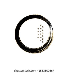 Enso Vector. Gold and Black Circle. Original Zen Illustration. Brush Stroke Round Shape for Logo Design. Black Enso Circle. Zen Buddhist Meditative Element. Enso Symbol Original Design.