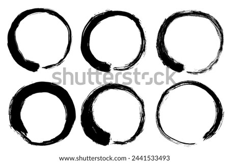 Enso Zen black circle set. Round ink brush stroke, japanese calligraphy paint buddhism symbol isolated on white