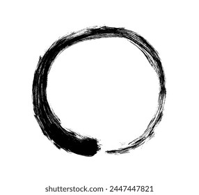 Enso Zen black grunge circle. Round ink brush stroke, buddhism symbol isolated on white