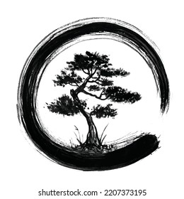 Enso Zen Circle and bonsai tree hand Brush Ink Black Vector Illustration