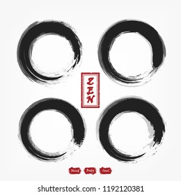 Enso zen circle compilation set . Sumi e design . Black and gray overlap color . Red stamp with zen alphabet . Gray gradient background . Vector illustration .