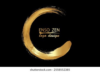 Enso Zen Circle hand-drawn with old gold ink in traditional Japanese style sumi-e, luxury vector logo design in Paint Brush art style, isolated on black background 