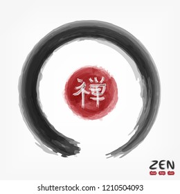 Enso zen circle with kanji calligraphic ( Chinese . Japanese ) alphabet translation meaning zen . Watercolor painting design . Buddhism religion concept . Sumi e style . Vector illustration .