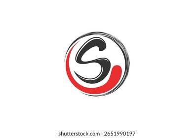 Logotipo do círculo Enso Zen apresentando a letra S em um círculo vermelho e preto. Ilustração original do vetor - não gerada por IA.