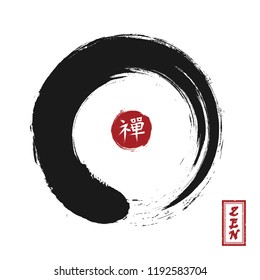 Enso zen circle style . Sumi e design . Black color . Red circular stamp and kanji calligraphy ( Chinese . Japanese ) alphabet translation meaning zen . White isolated background . Vector illustration
