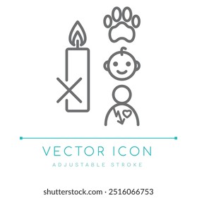 Ensure candle safety with this vector line icon emphasizing the importance of keeping candles away from children, vulnerable people and pets. Ideal for promoting candle care and preventing accidents.