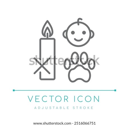 Ensure candle safety with this vector line icon emphasizing the importance of keeping candles away from children and pets. Ideal for promoting candle care and preventing accidents.