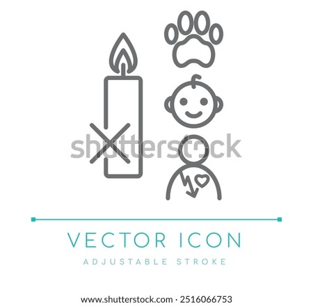 Ensure candle safety with this vector line icon emphasizing the importance of keeping candles away from children, vulnerable people and pets. Ideal for promoting candle care and preventing accidents.