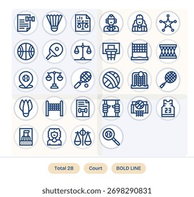 Garantice la coherencia con 28 iconos de Bold Line guiados por Court, perfectos para sistemas de diseño.