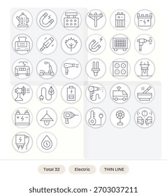 Stellen Sie die Konsistenz mit 32 Thin Line Icons sicher, die von Electric geleitet werden und perfekt für Designsysteme geeignet sind.