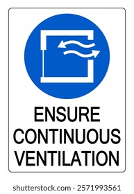 Ensure continuous ventilation. Circle blue mandatory sign with symbol and text below.