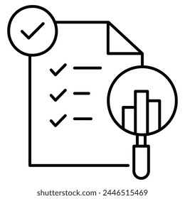 Ensure thorough document verification with magnifying glass inspections and tick marks, signifying meticulous scrutiny and validation of important details and information. Editbable Stroke Icon.