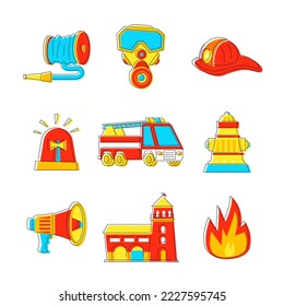 Ensuring fire safety - line design style object set. High quality colorful images of fireman helmet, gas mask, respirator, alarm, signal, fire, hydrant and megaphone. Flame fighting idea