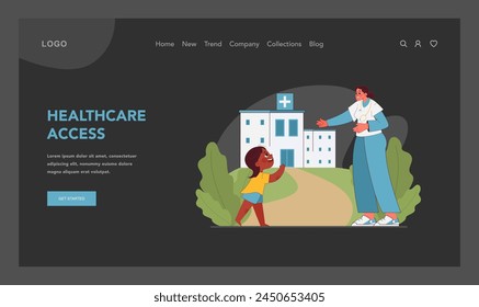 Ensuring healthcare for all children. Importance of accessible healthcare for children, with welcoming nurse and happy little black girl. Fight for kids rights and freedom. Flat vector illustration