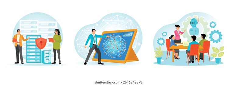 Ensuring server security using laptops. Examining a network graph on a digital board. Machine learning process with Teacher explaining about humanoid. Information technology research concept.