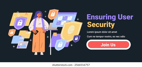 Ensuring user security woman holding smartphone surrounded by security icons computer screen dark background website banner