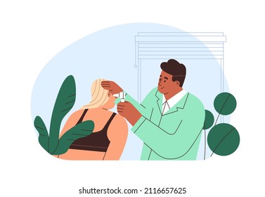 ENT doctor checking ear, removing earwax with tool. Patient at medical checkup at audiologist office. Person at otolaryngologist appointment. Flat vector illustration isolated on white background