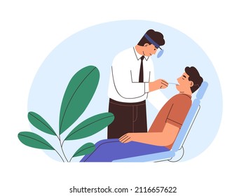 ENT doctor checking throat. Patient at audiologist office. Man visiting otolaryngologist for medical checkup. Person at appointment in hospital. Flat vector illustration isolated on white background