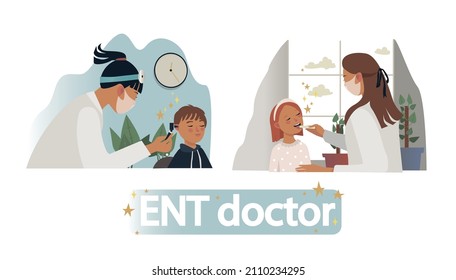 Médico de ENT para niños. Una colección de ilustraciones, un niño en una cita con un médico de ENT, sentado en el despacho. Examen de garganta y oreja. Vector, ilustración de dibujos animados, aislado.