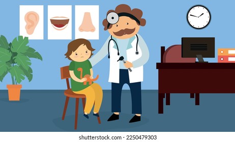 ENT doctor examines a boy with a toy with a dinosaur in his hands