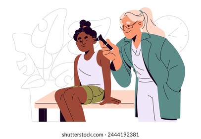 Ent doctor examines ears of little patient with otoscope. Pediatrician cares about kid's health. Medic works in pediatric otolaryngology clinic. Flat isolated vector illustration on white background