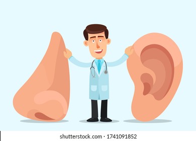 Ent doctor, otolaryngologist hold nose and ear human organ objects, concept. Friendly and smiling therapist. Vector illustration, flat design, cartoon style, isolated background.