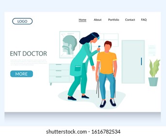 Ent doctor vector website template, web page and landing page design for website and mobile site development. Otolaryngologists ear, nose, throat doctor female examining patient ear with otoscope.