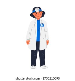 ENT or ORL. Woman - otolaryngologist. ORL-H and N specialist doctor in medical gown. Examination of ear, nose, throat. Flat style vector illustration on white background