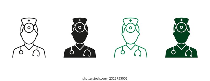 ENT Specialist. Otolaryngologist Doctor Line and Silhouette Icon Set. Ear, Nose, Throat Doctor Symbol Collection. Otolaryngology Medic Staff Black and Color Pictogram. Isolated Vector Illustration.