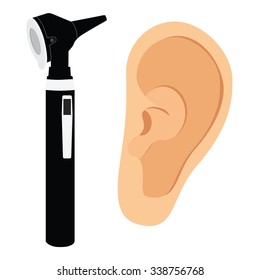 ENT specialist tools otoscope and ear symbol vector illustration. Medical instrument