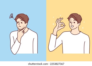 Enredados en hilos de hilos de tacto de hombre desconcertados menten después sonrisas y muestran un gesto correcto. el concepto de pensamientos positivos durante situaciones difíciles y la capacidad de hacer frente al estrés. Diseño vectorial plano 