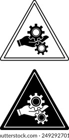 Entanglement Hazard Signs. Black and White Vector Icons. Hand Got Tangled in Rotating Gears. Hand injury. Danger Warning Sign
